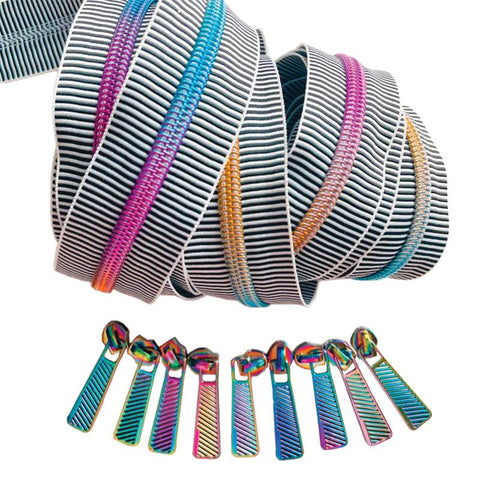 Zipper Tape by Sew HungryHippie - Black & White Stripe w/ Rainbow Zip Pack 3yd